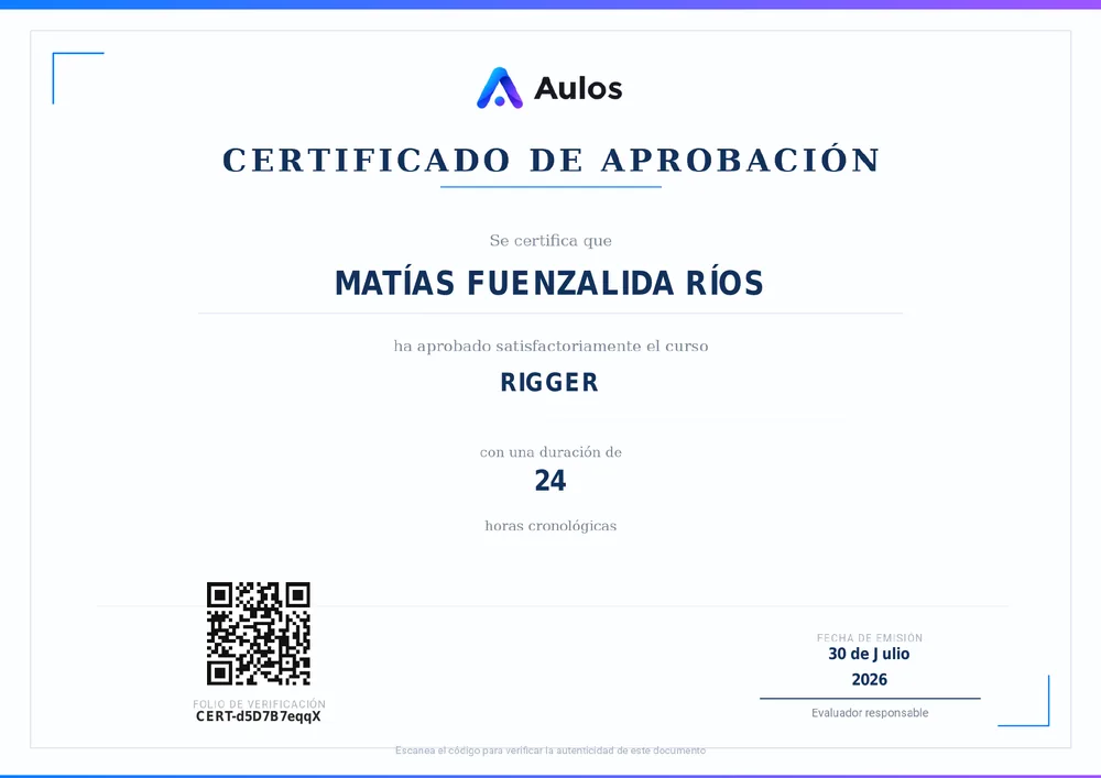 Certificado de aprobación emitido por Aulos: nombre del participante, curso, horas cronológicas, fecha de emisión, folio de verificación y código QR