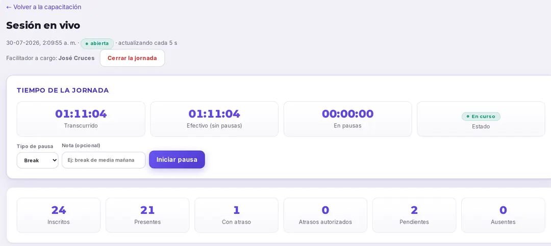 Sesión de capacitación en vivo en Aulos, con tiempo transcurrido, relator responsable y cantidad de inscritos, presentes y atrasos